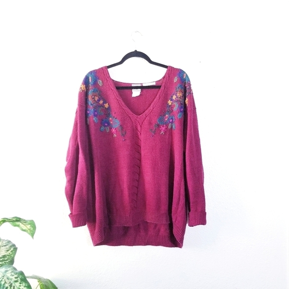 JANTZEN CLASSICS Vintage Vtg 80s Embrodiered Floral Pulliver Sweater 2x XXL - Picture 1 of 13